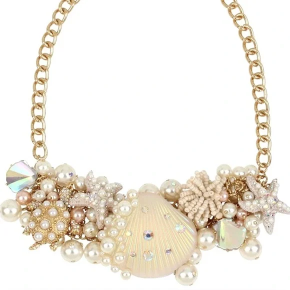 BETSEY JOHNSON Pearl Shell STATEMENT NECKLACE! AB Crystals Turtle Mermaid Gold - Picture 11 of 11